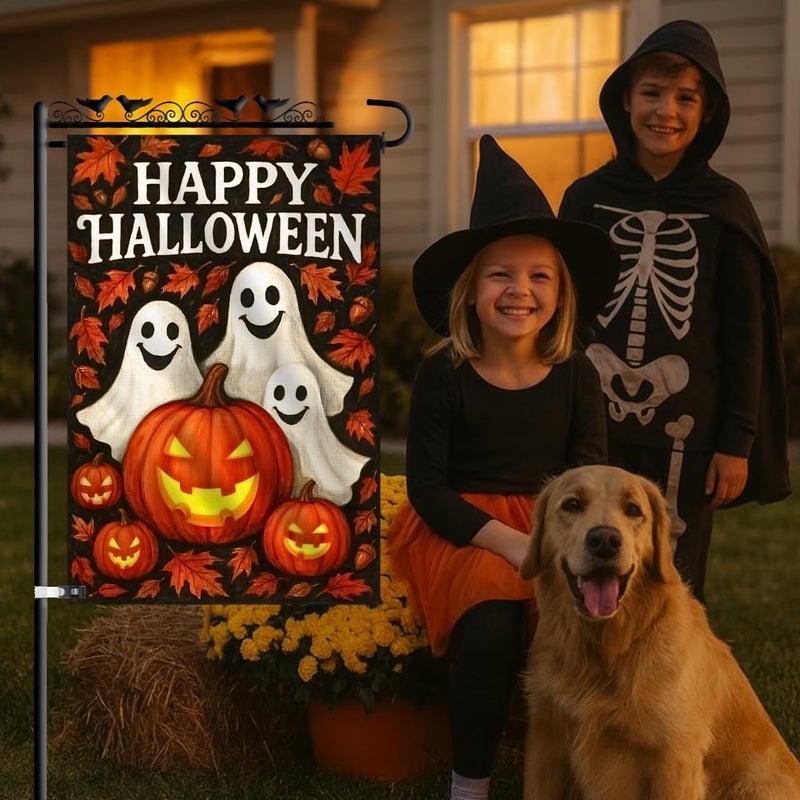 KarvePro Happy Halloween Garden Flag 12x18 Double Sided Burlap – Fall Outdoor Yard Flag with Pumpkins and Ghosts, Durable Seasonal Decoration - Image 2